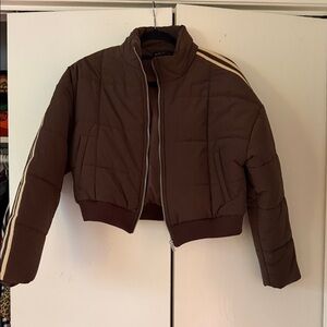 Blue Blush Chocolate Brown Puffer Jacket with Cream Stripes